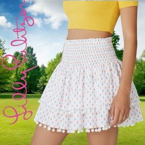 Lilly Pulitzer Ethenia Skirt Smock Waist Gauze Tiered Clip Dot Pom Pom